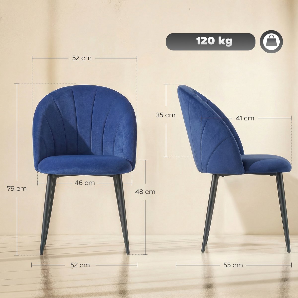 Chaise de salle à manger Velours (100 % bleu, noir, HOMCOM