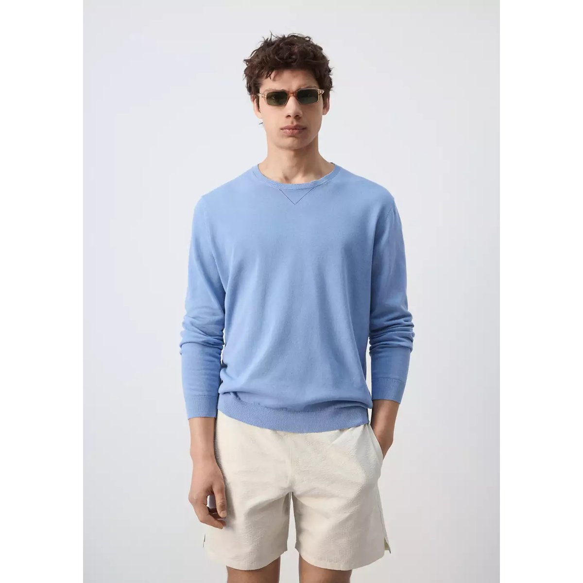 Pull-over 100 % coton maille fine bleu porcelaine, MANGO MAN
