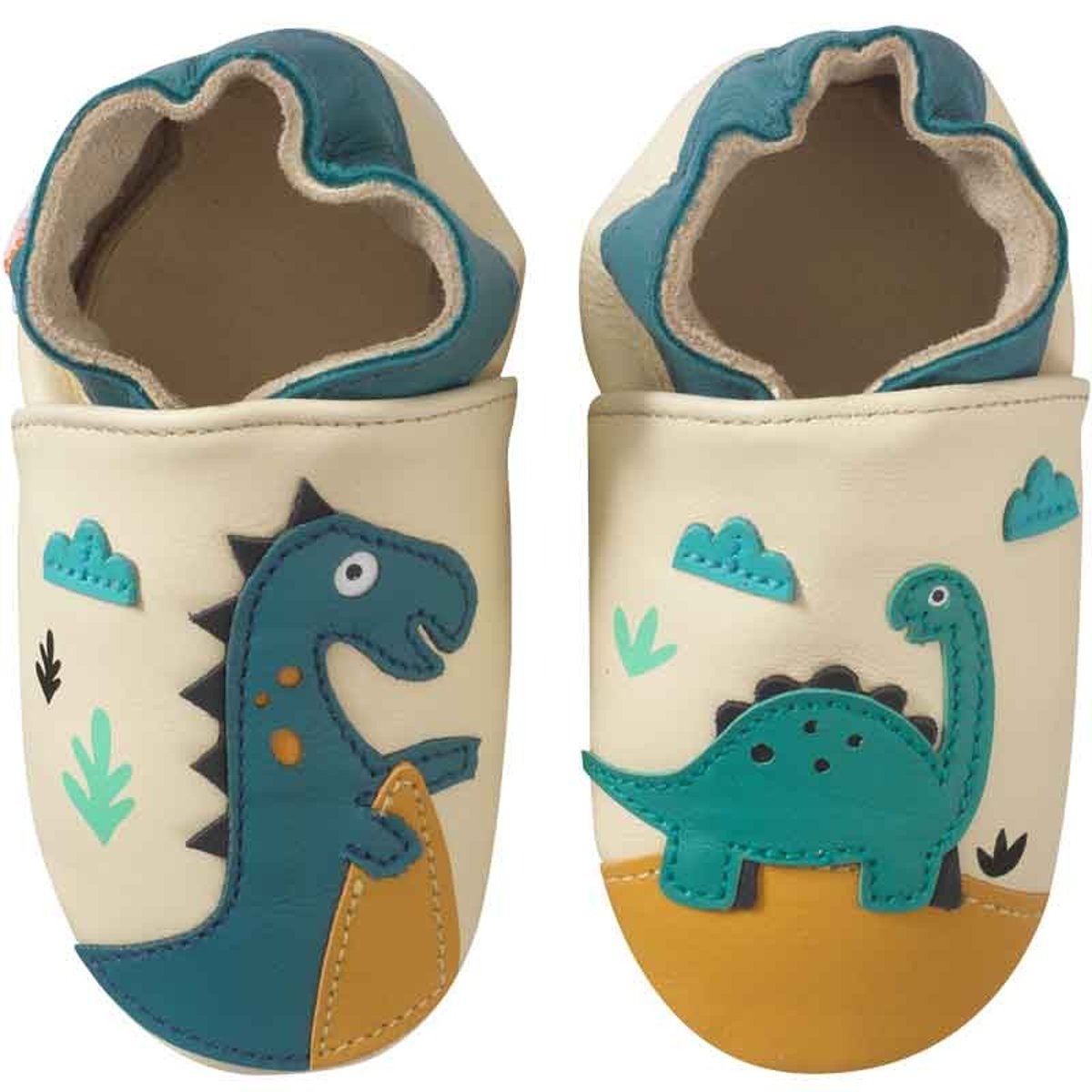 Chaussons bébé cuir souple Théodore et Isaure les dinosaures beige, TICHOUPS