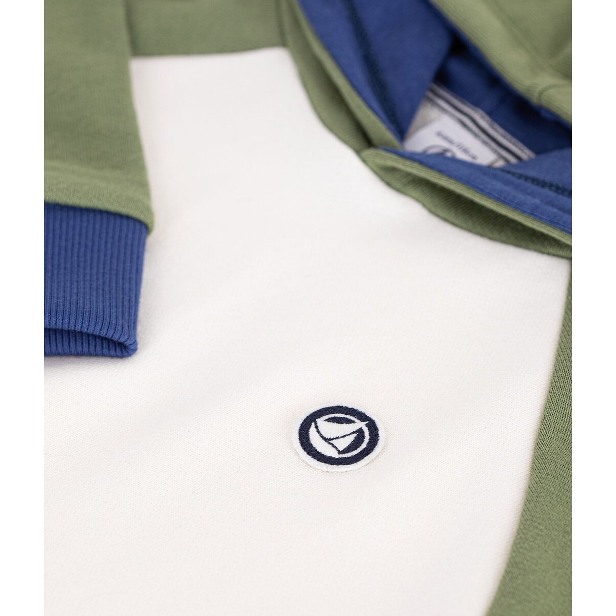 Sweat à capuche en molleton bleu marine/écru/vert, PETIT BATEAU
