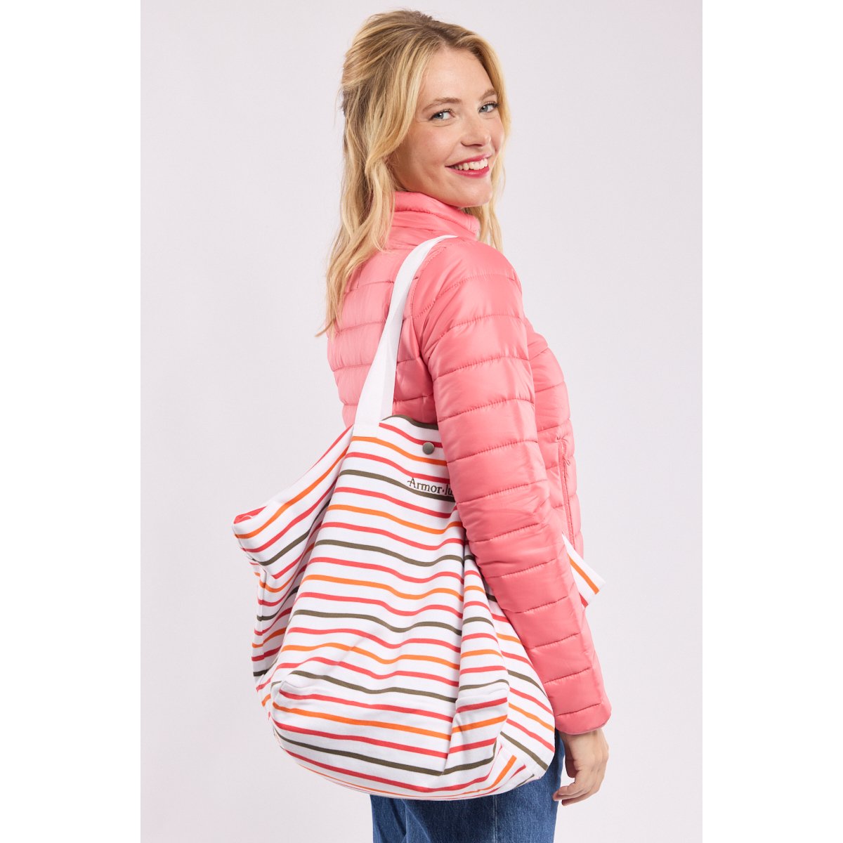 Sac cabas rayé en coton blanc/poinsettia/caccia/fl, ARMOR-LUX
