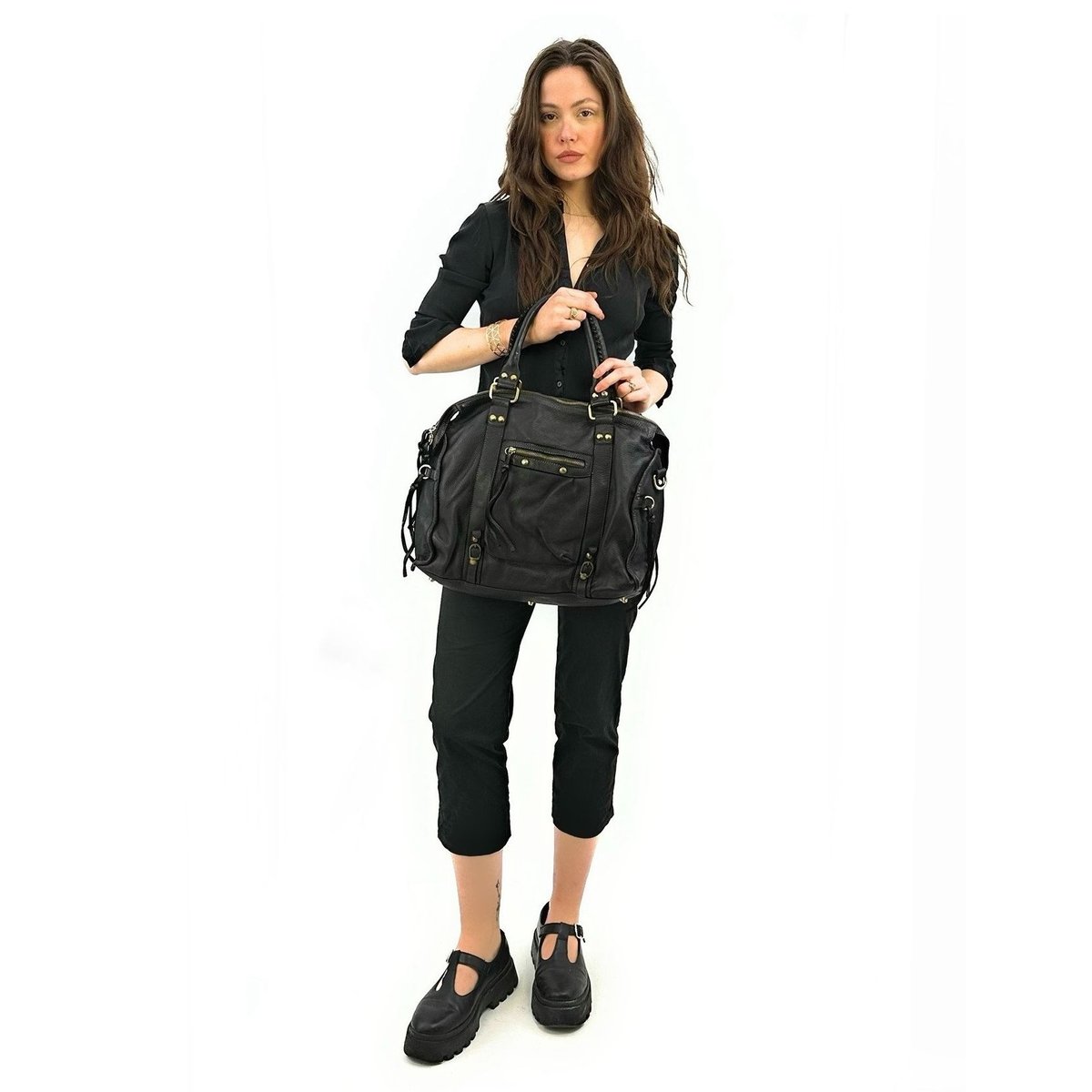 Sac à main en cuir vintage STORM XL HURRICAN Noir noir, OH MY BAG