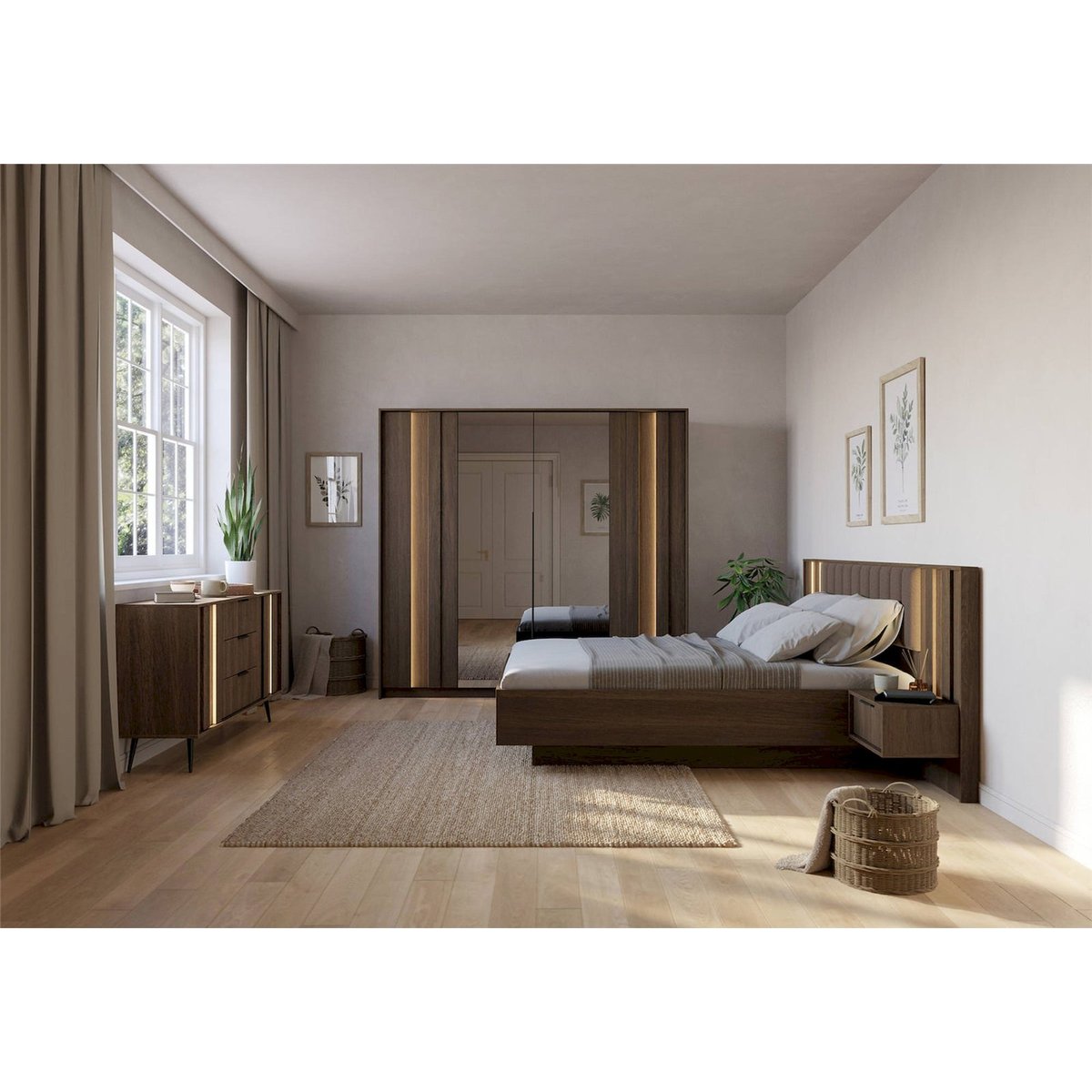 Armoire 4 portes miroir et LED collection AMARO chêne dunin avec miroir, RECOLLECTION
