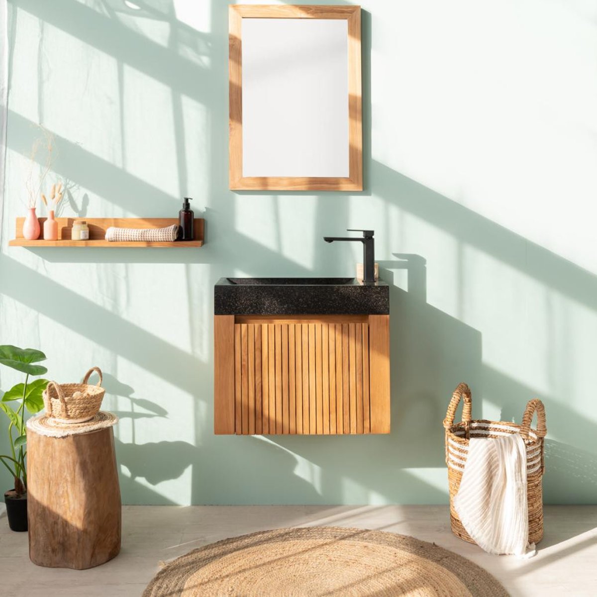Tablette étagère en teck massif rectangle 70cm CAMÉLIA naturel, WANDA COLLECTION
