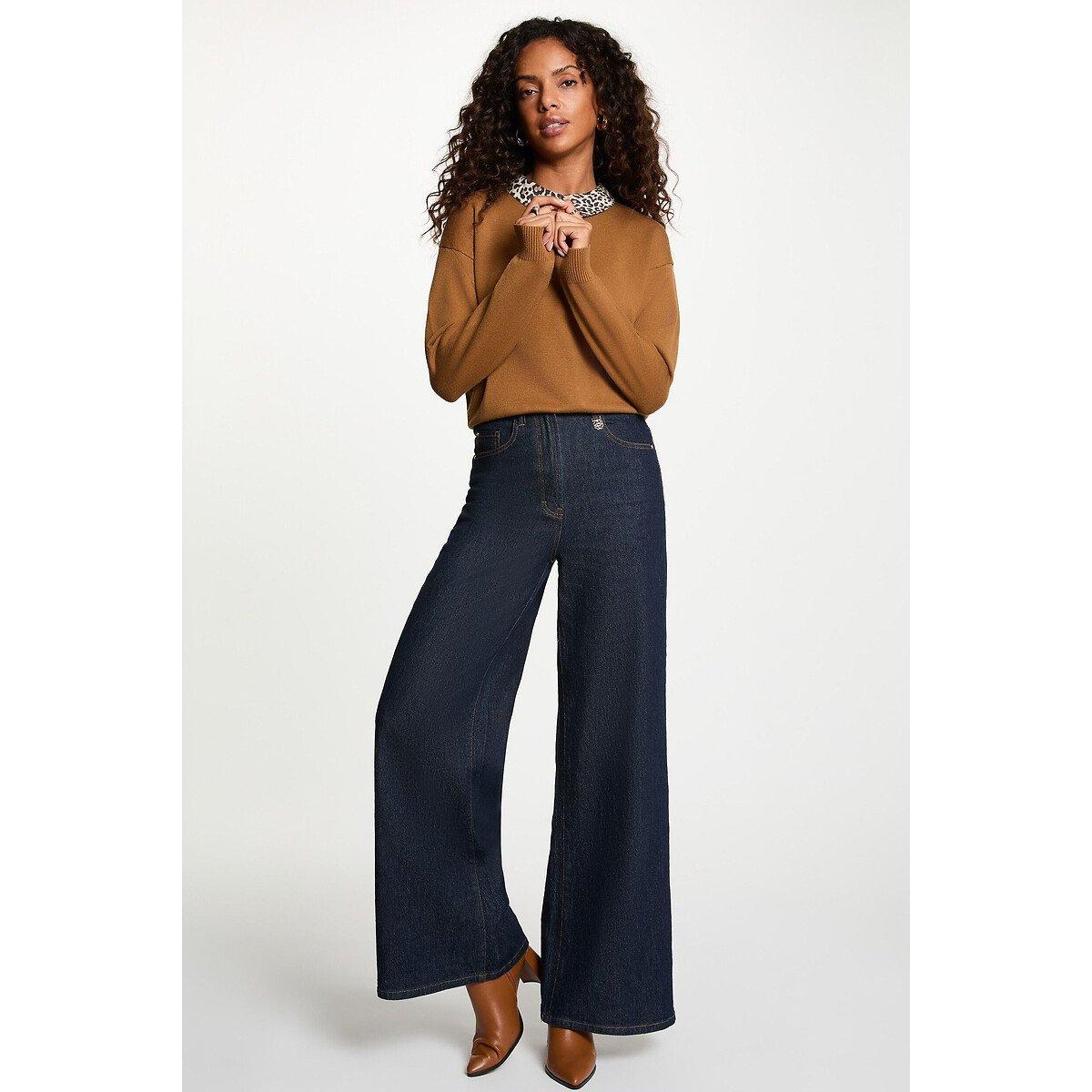 Pull avec col chemise imprimé léopard marron, MORGAN
