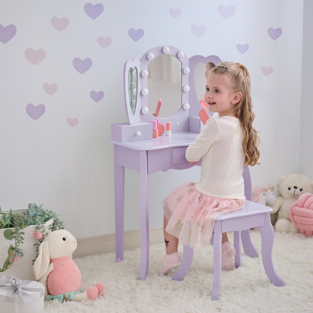 Coiffeuse cœur avec miroir LED & tiroirs blue, TEAMSON KIDS