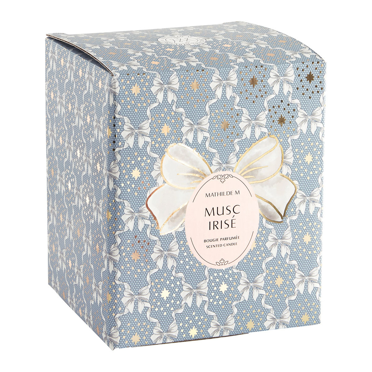 Bougie boule 210 g parfum Musc Irisé RUBANS DE FÊTE bleu, MATHILDE M
