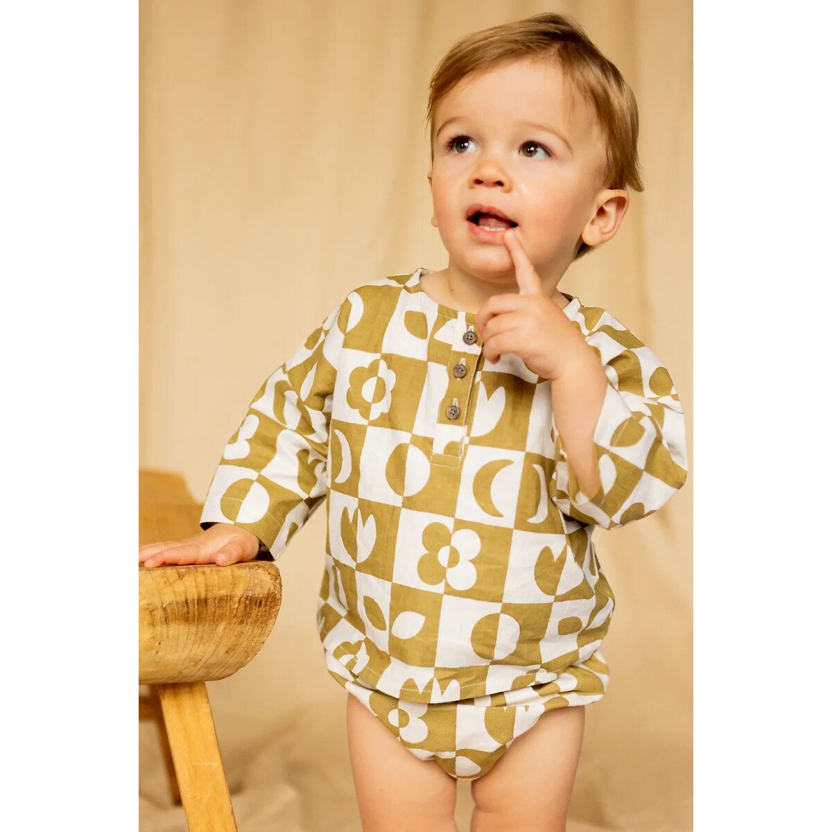 Long Sleeve Blouse with Wooden Buttons On Front tobacco, APACHES COLLECTIONS