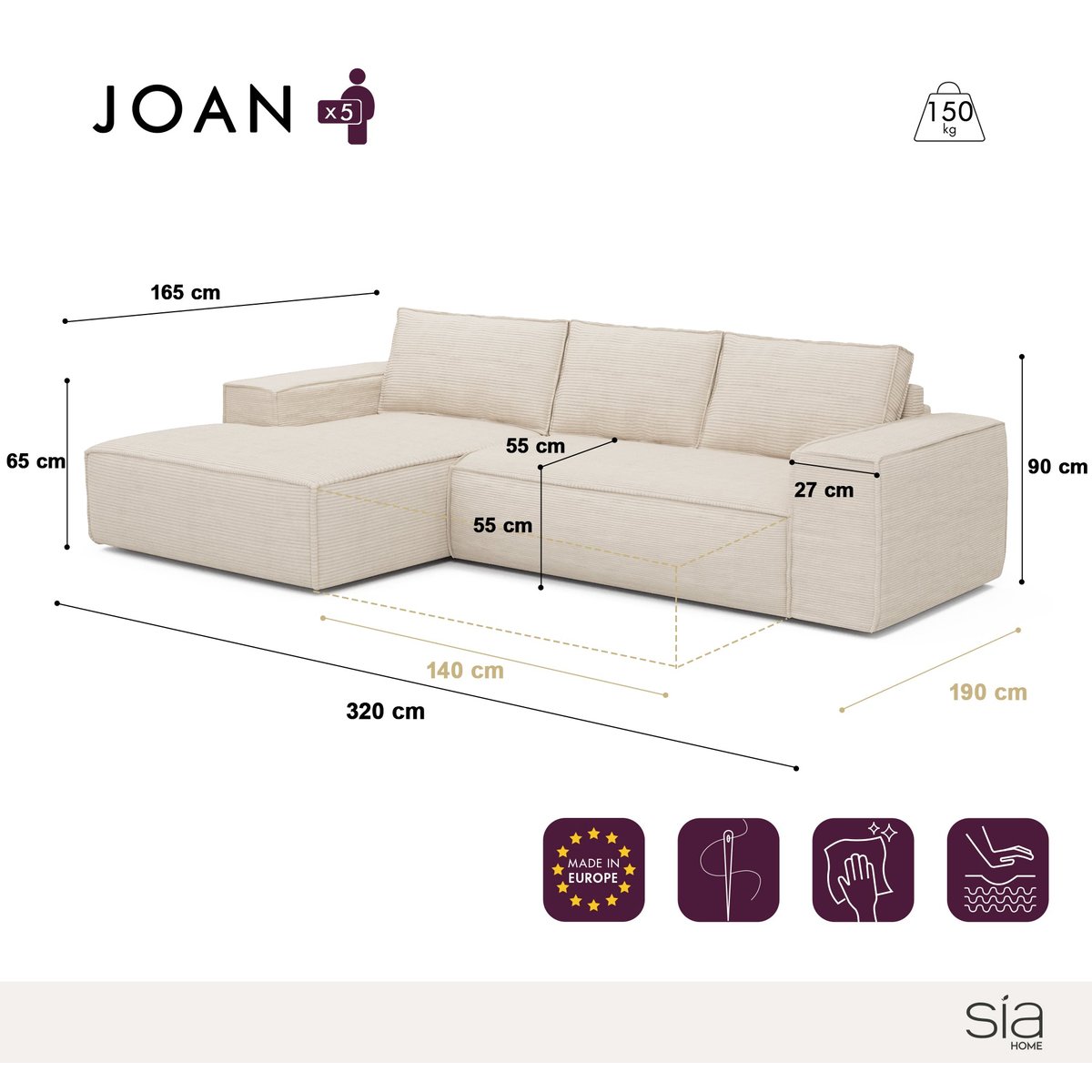 Canapé convertible angle gauche 5 places en velours JOAN gris, SIA HOME