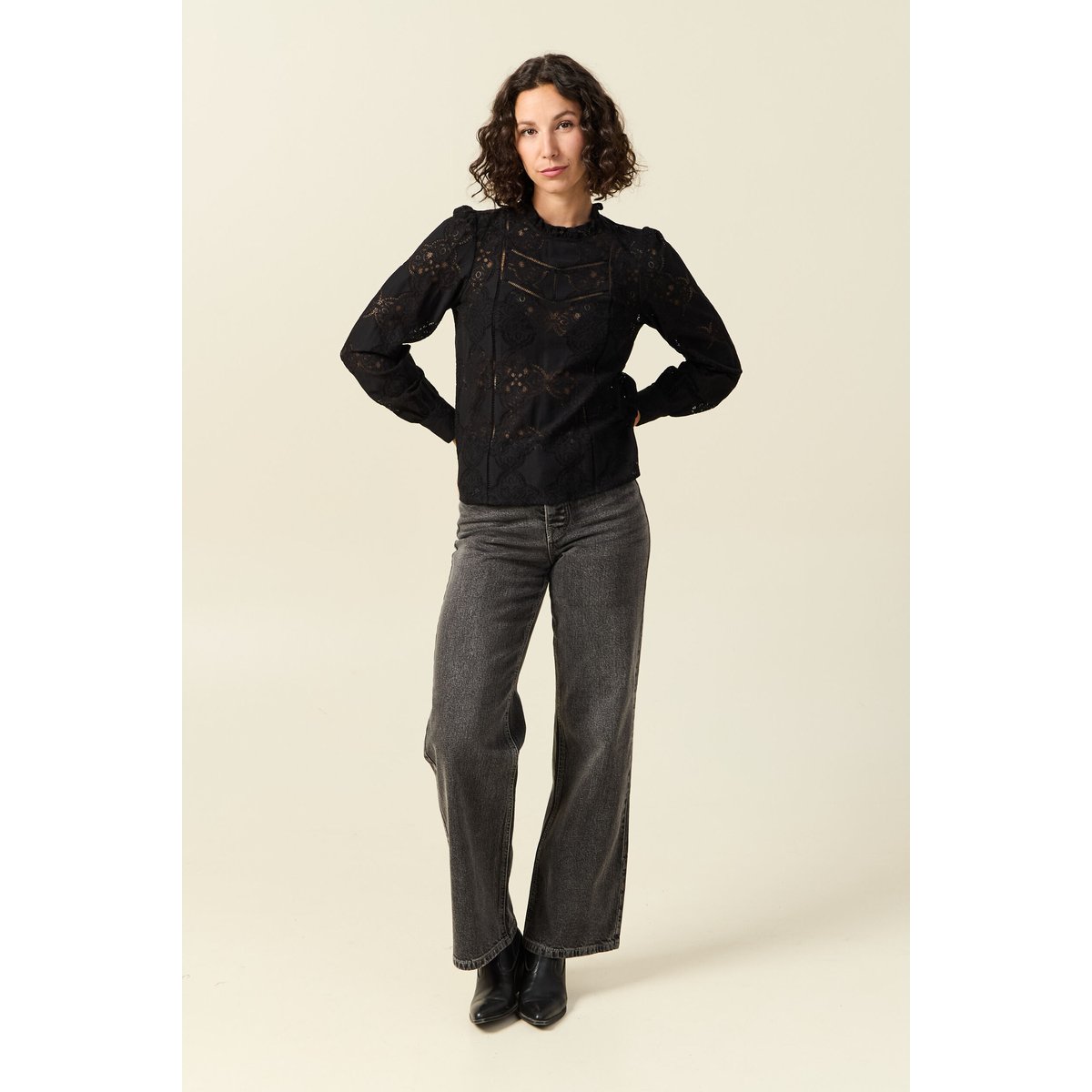 Blouse cintrée dentelle manches longues noir, BONOBO