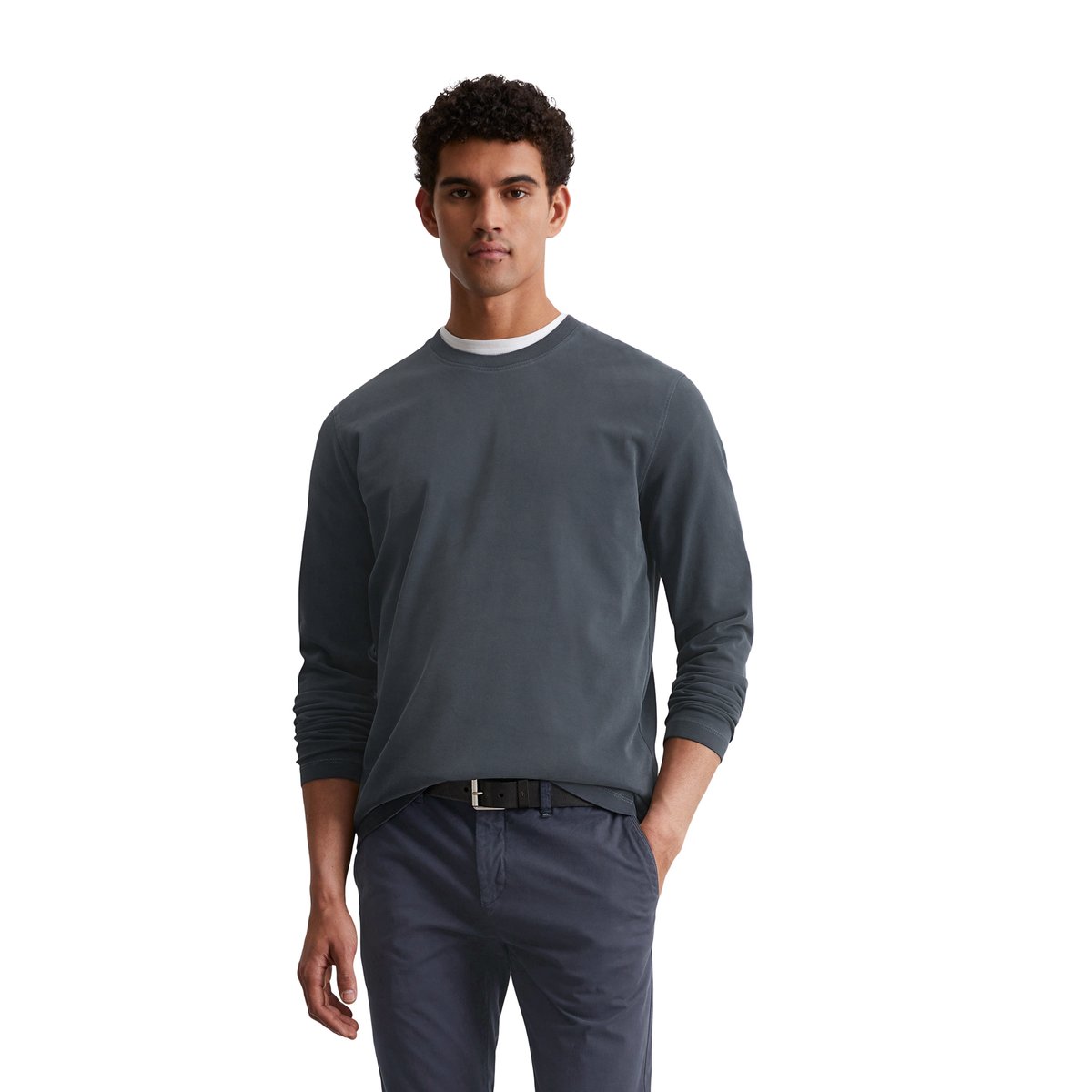 T-shirt à manches longues classique en coton biologique bleu, MARC O'POLO