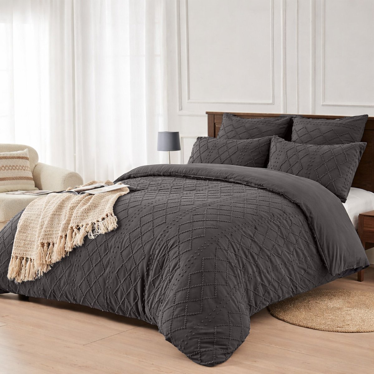 Parure housse de couette tufté microfibre, CHAGA gris magnet, C DESIGN HOME TEXTILE