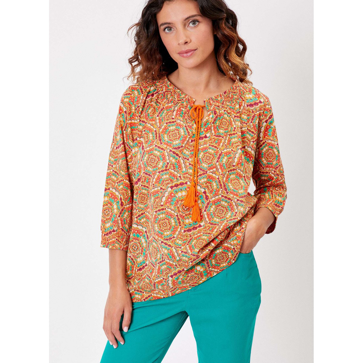 Blouse imprimée ample voile de coton bio MEHAN orange clementine, LA FIANCÉE
