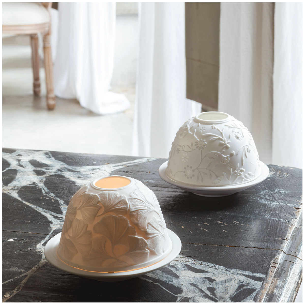 Photophore lithophanie Feuillage porcelaine blanc, MATHILDE M