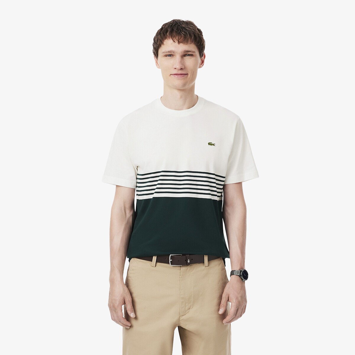 T-shirt jersey rayé color-block blanc-0lp, LACOSTE