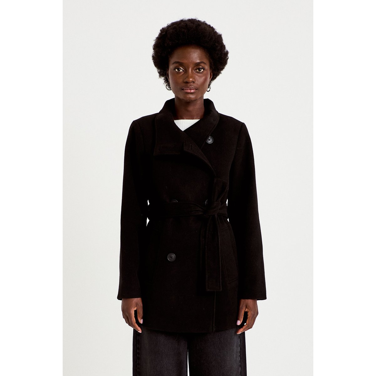Manteau cintré mi-long col montant noir, CACHE CACHE