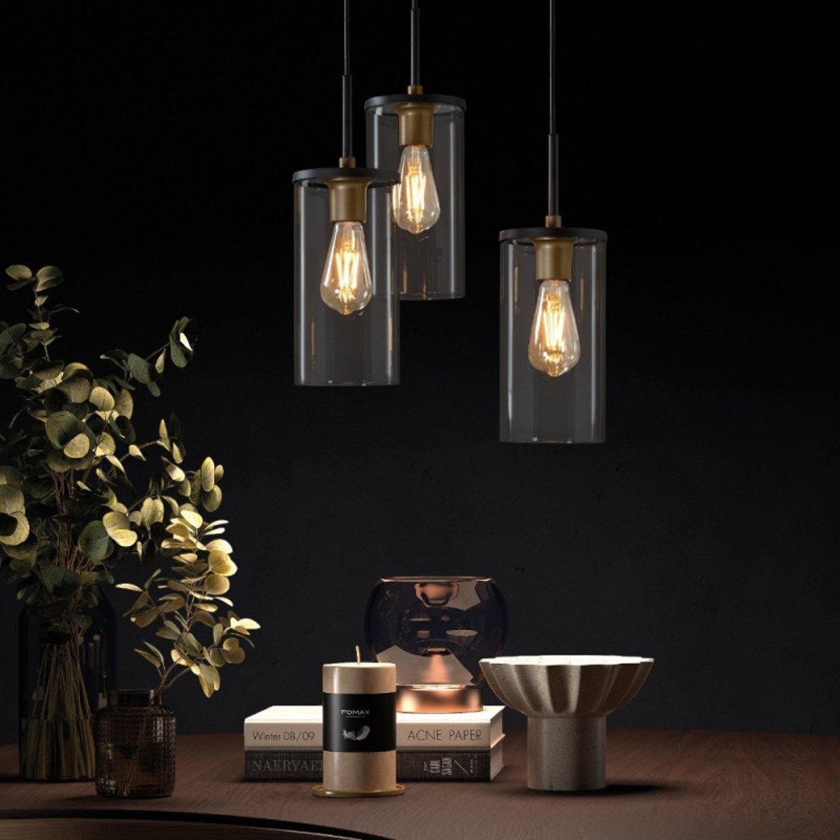 Suspension 3 lampes en verre D35 cm TRIO noir, MILLUMINE