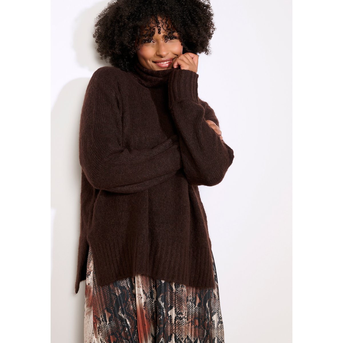 Pull col montant oversize brun fonce chocolate, LOLALIZA