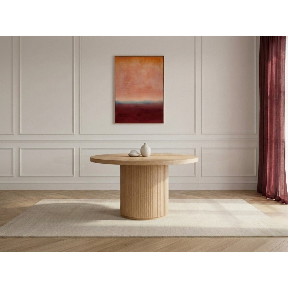 Table à manger ronde extensible 120 à 204 cm PRADO placage chêne massif avec rangements marron clair, BOBOCHIC