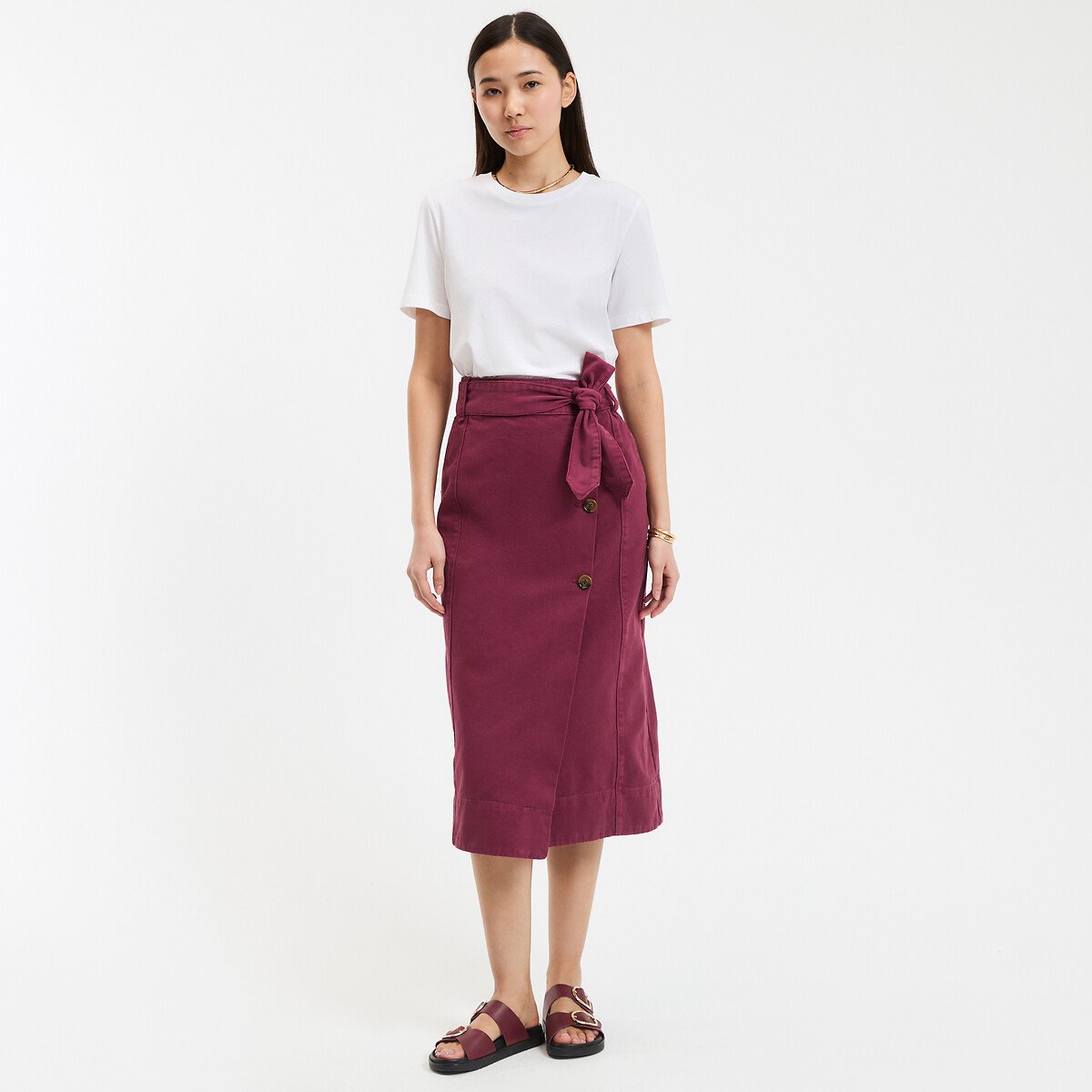 Wrapover Midi Skirt in Cotton Twill burgundy red, LA REDOUTE COLLECTIONS