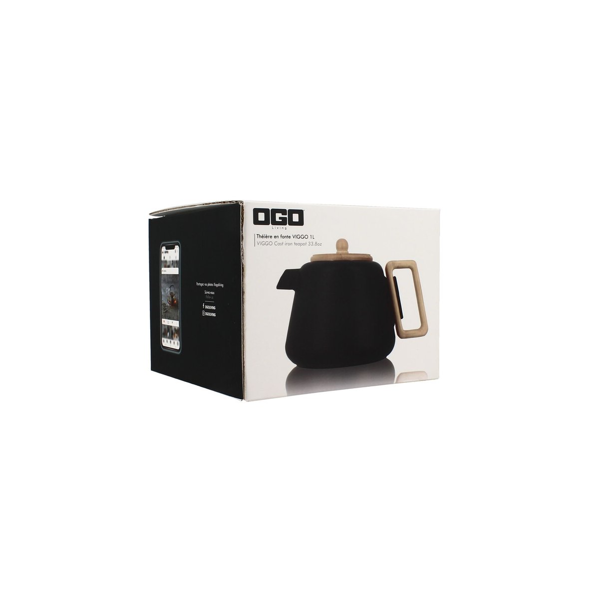 Théière en fonte avec couvercle en bois 1L, VIGGO naturel-noir, OGO LIVING