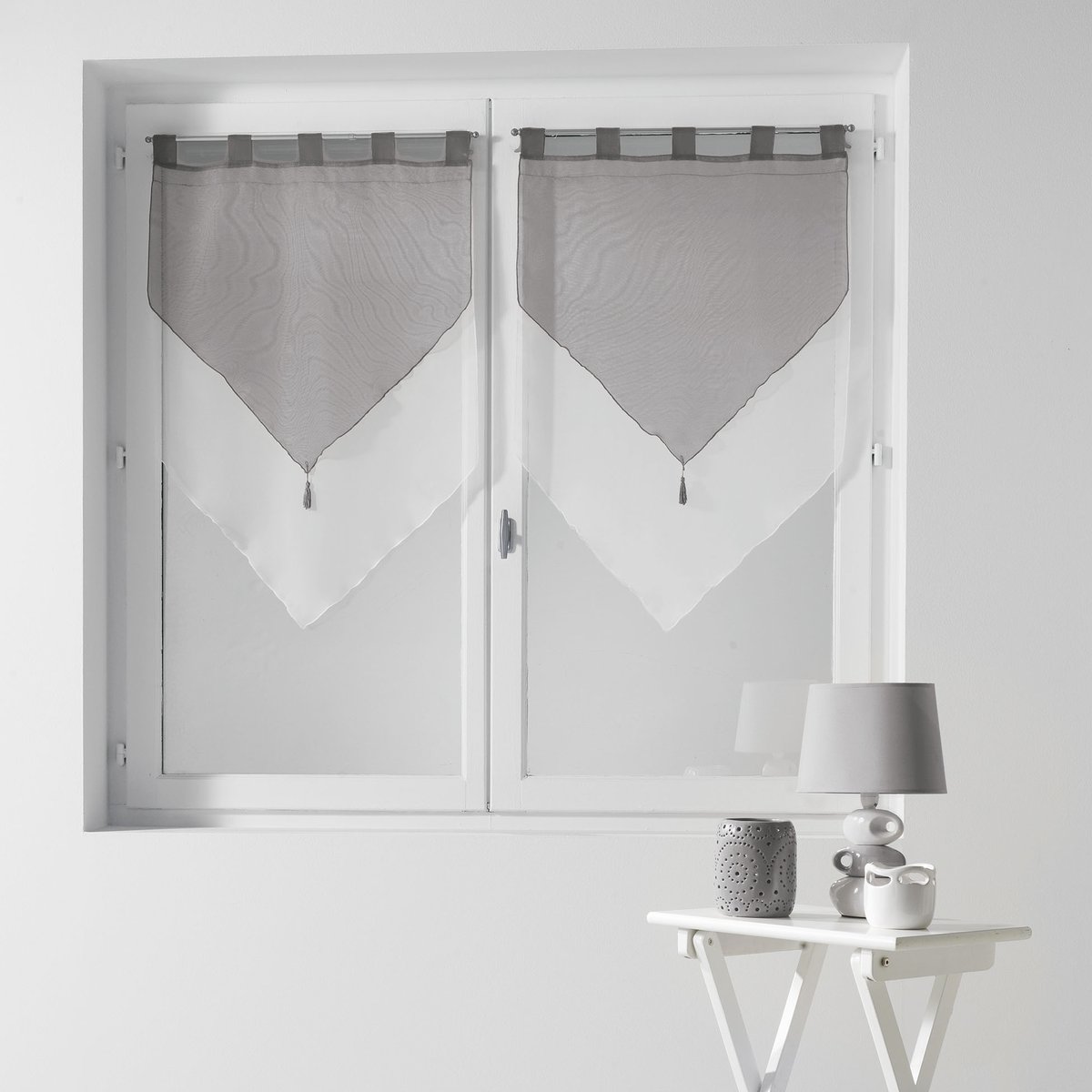 Paire de voile pompon rideau a passants bicolore Collection Voilinne gris, EDEN