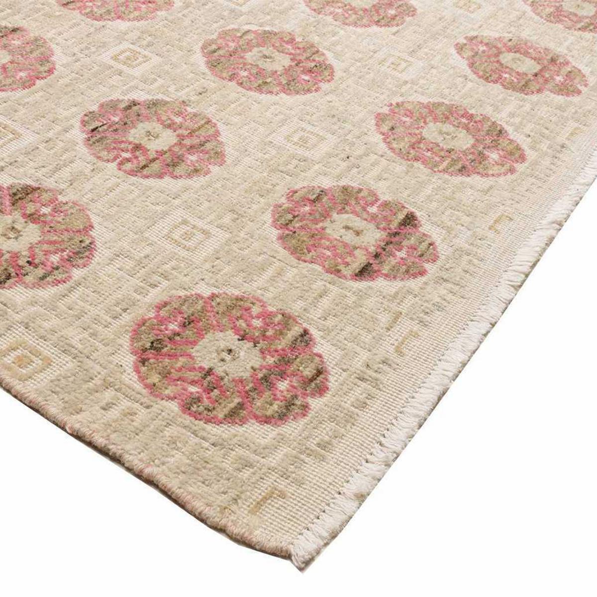 Tapis salon, motif nature floral, artisanal noué main en laine beige, crème, rose, UN AMOUR DE TAPIS