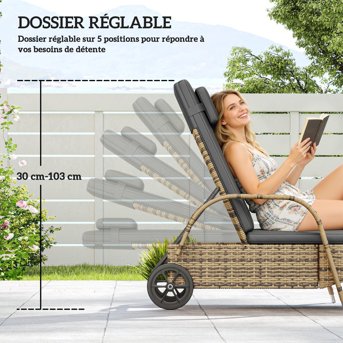 Chaise longue individuelle en rotin (modèle « gris, OUTSUNNY