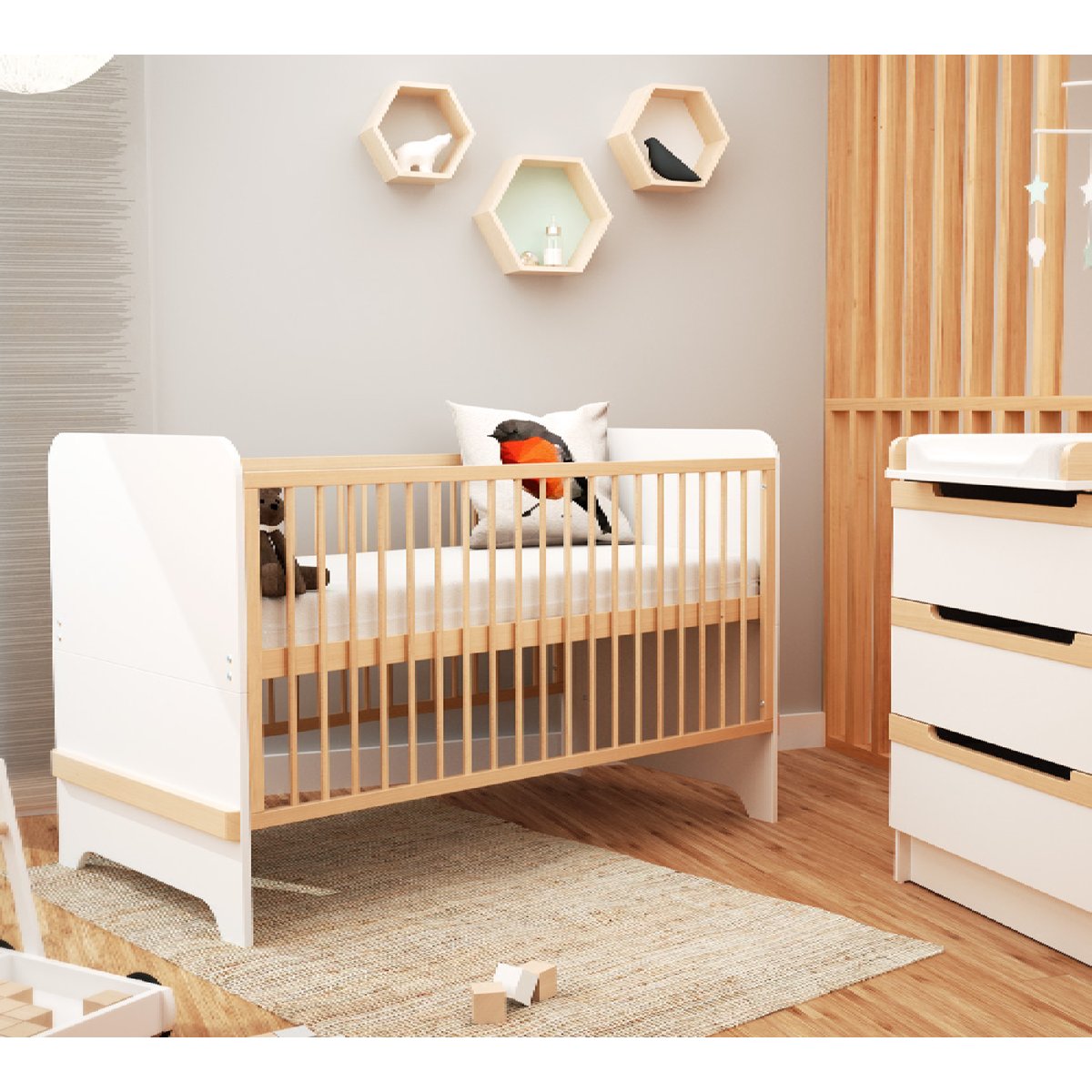 Lit bébé évolutif en bois CARROUSEL blanc et hêtre, JURABABY