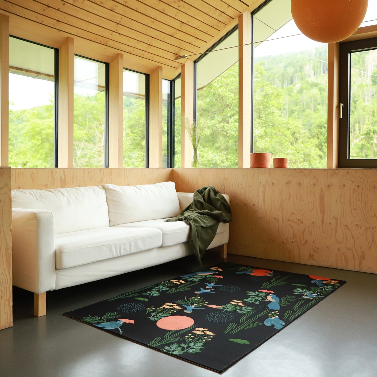 Tapis outdoor imprimé oiseaux BLOOM noir, NATTIOT