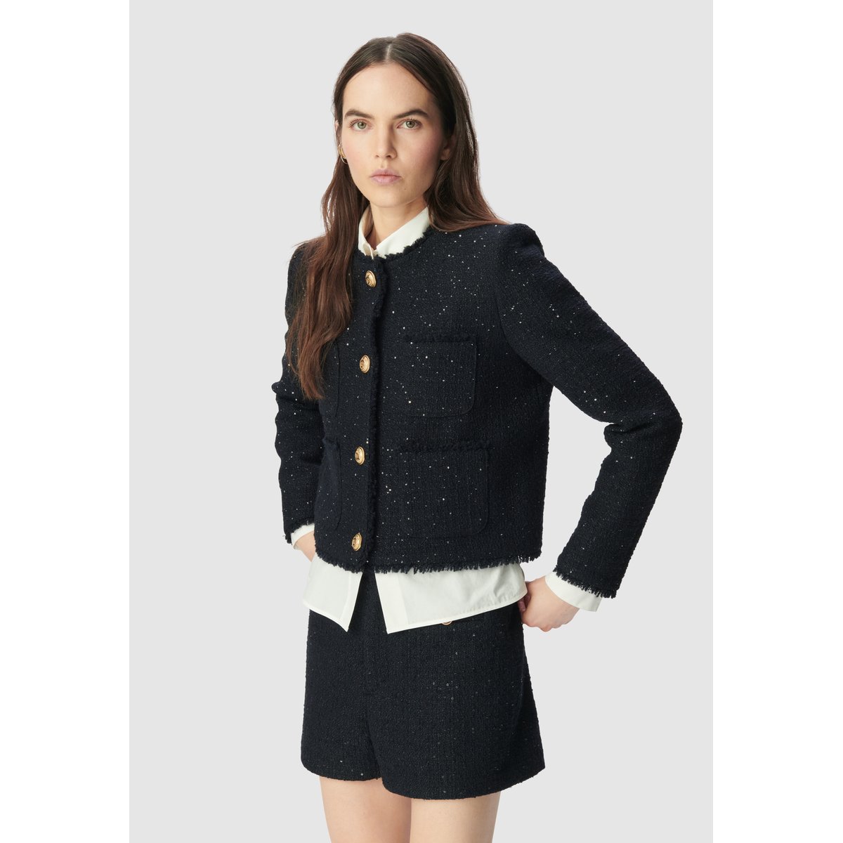 Veste courte effet tweed et sequins brodés bleu marine, IKKS