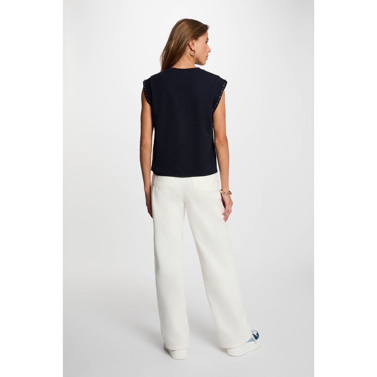 T-shirt col rond strass bleu marine, MORGAN