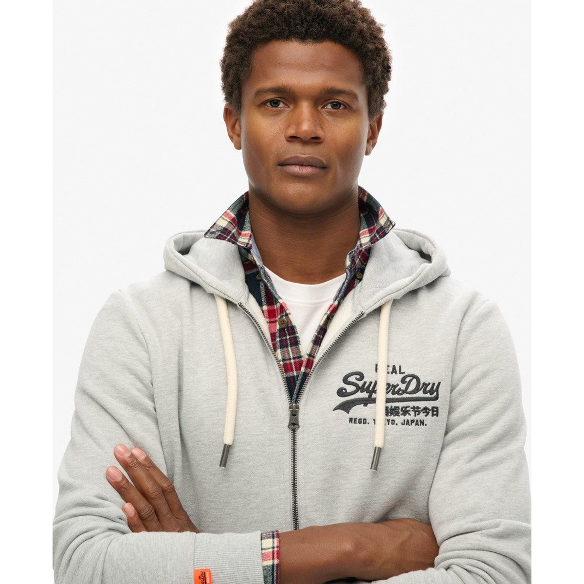 Sweat à capuche zippé et brodé Vintage Logo gris moyen chiné, SUPERDRY