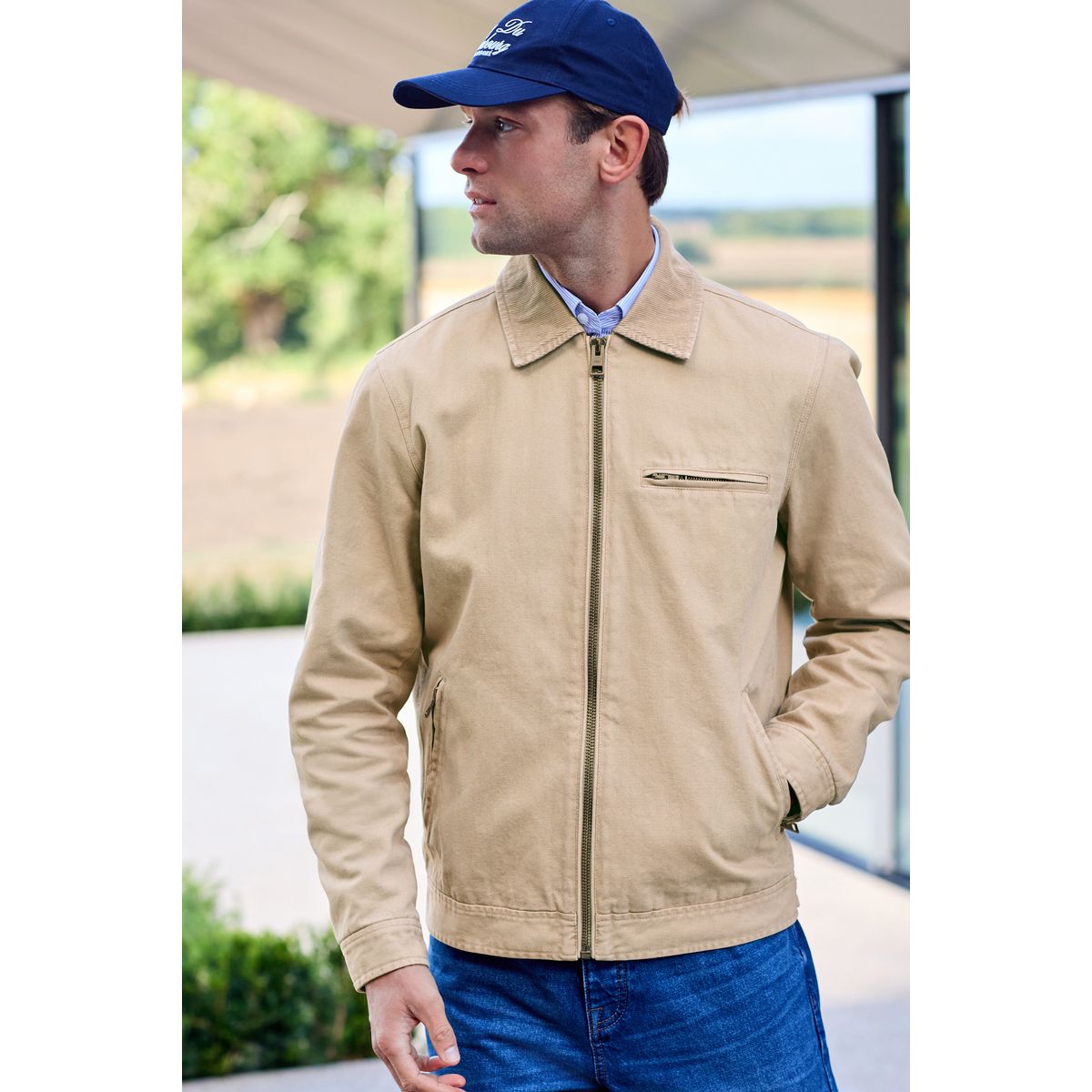 Veste ouvrier en toile avec col côtelé grège, NEXT