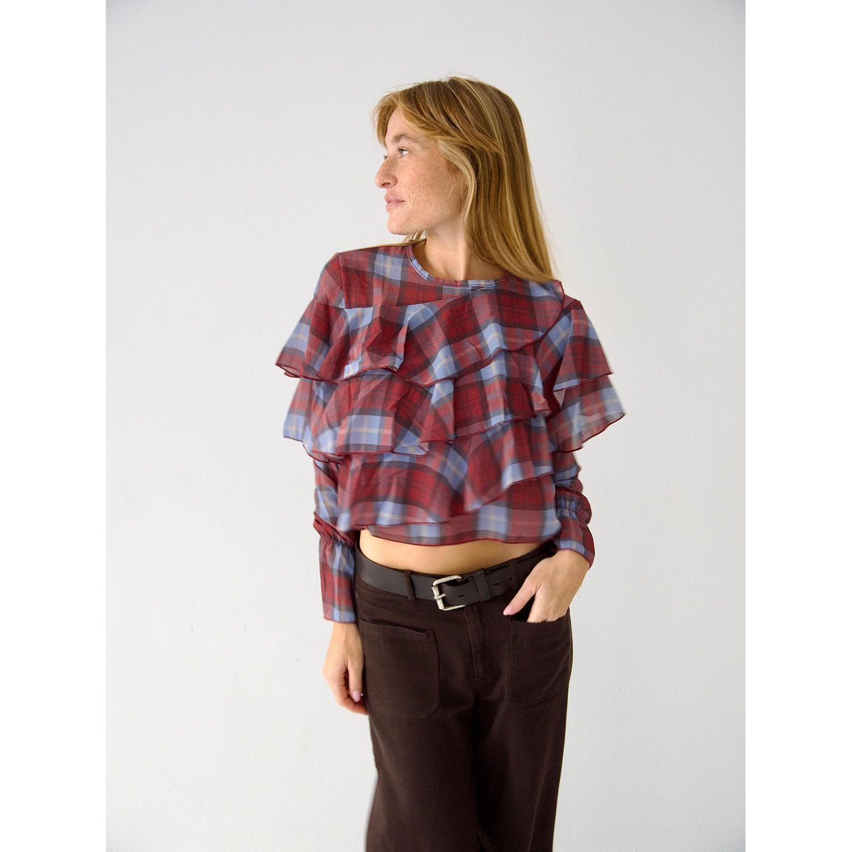 Blouse losanges à volants LÉA bordeaux / bleu, MINDTRAVELER