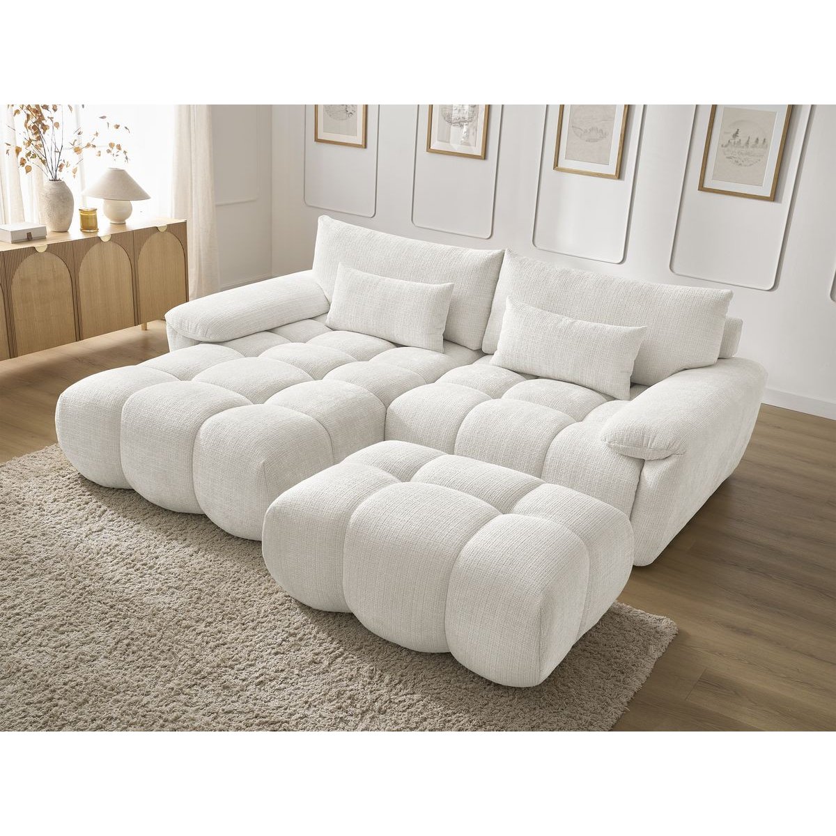 Canapé d'angle fixe 4 places en tissu texturé, IVANE blanc, BOBOCHIC