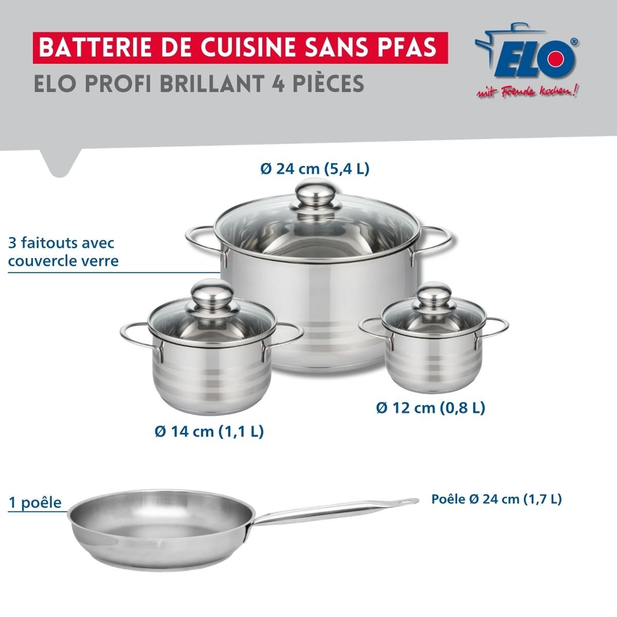 Batterie 1 poêle 24cm + 3 faitouts 12/14/24cm PROFI BRILLANT gris, ELO