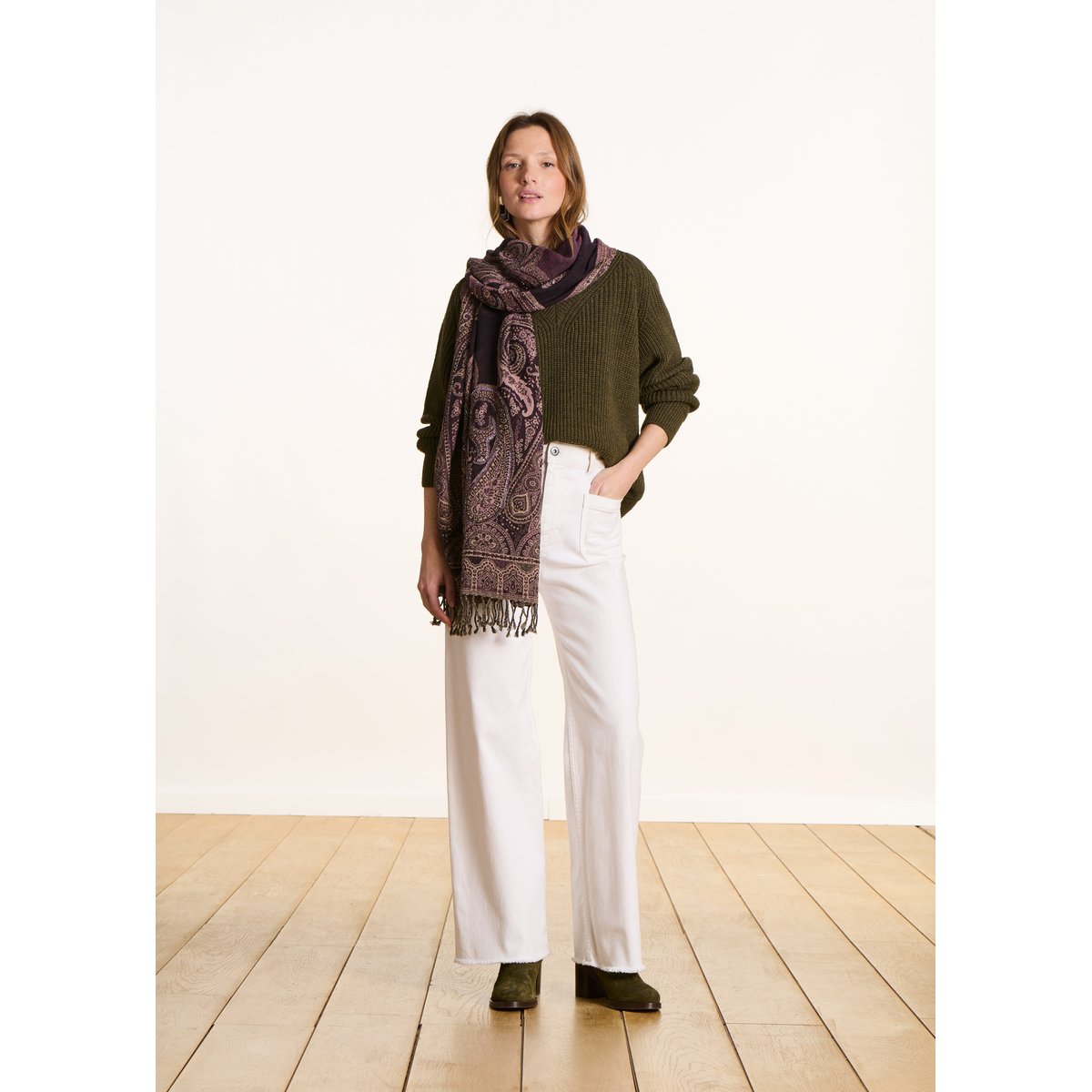 Écharpe en coton et laine avec broderie gris, LA FEE MARABOUTEE