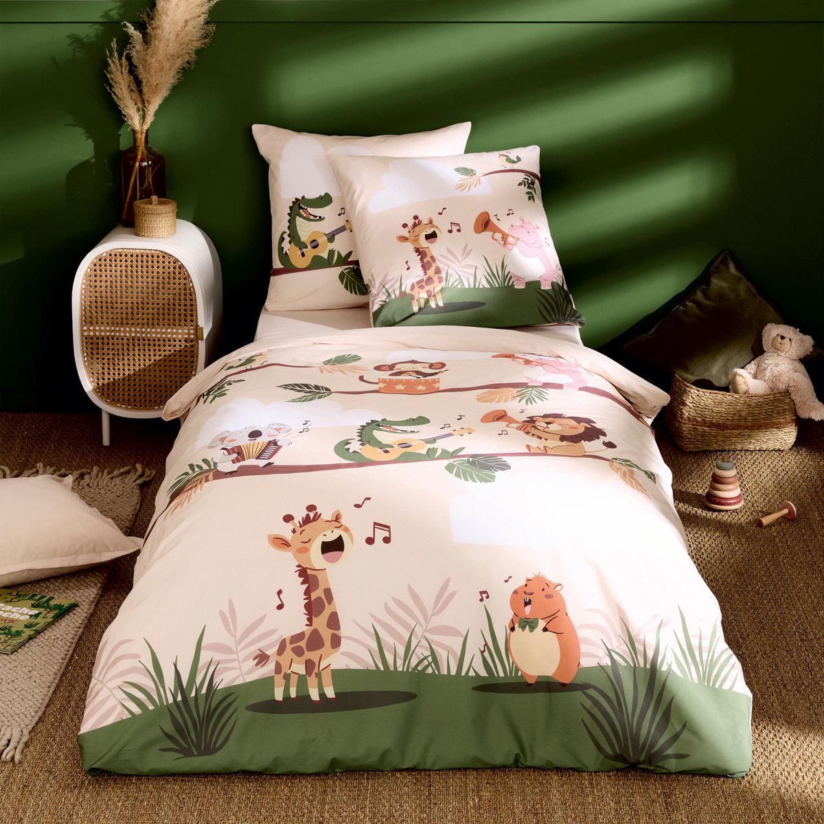 Taie d’oreiller enfant percale de coton jungle vert, TRADILINGE