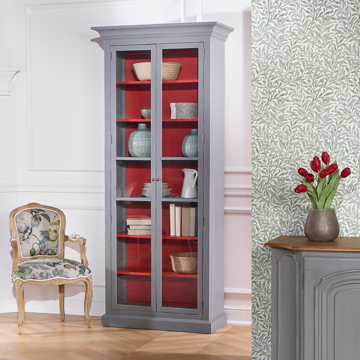 Armoire vitrée en pin 6 étagères EMILY grise, ROBIN DES BOIS