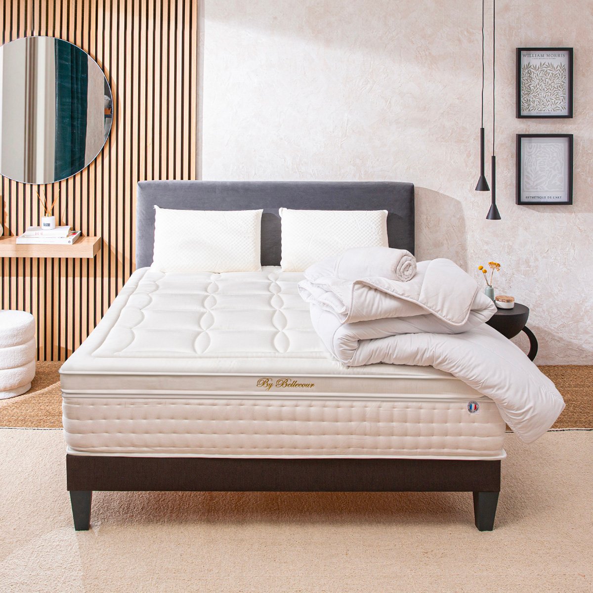Pack Empereur 140x190 cm Matelas Mousse + Sommier Bois + Accessoires blanc, BELLECOUR