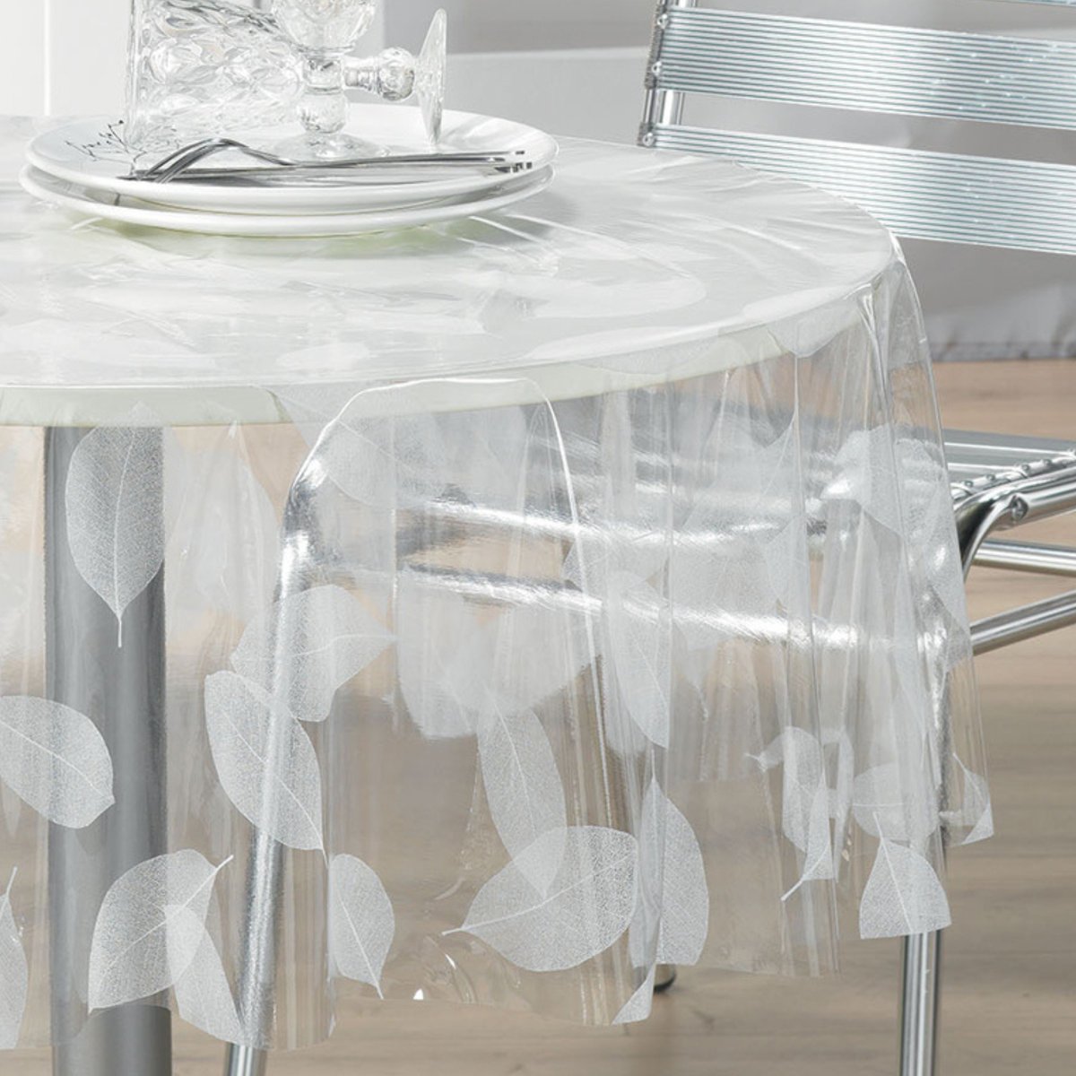 Nappe ronde transparente print feuilles blanc, DOUCEUR D'INTÉRIEUR