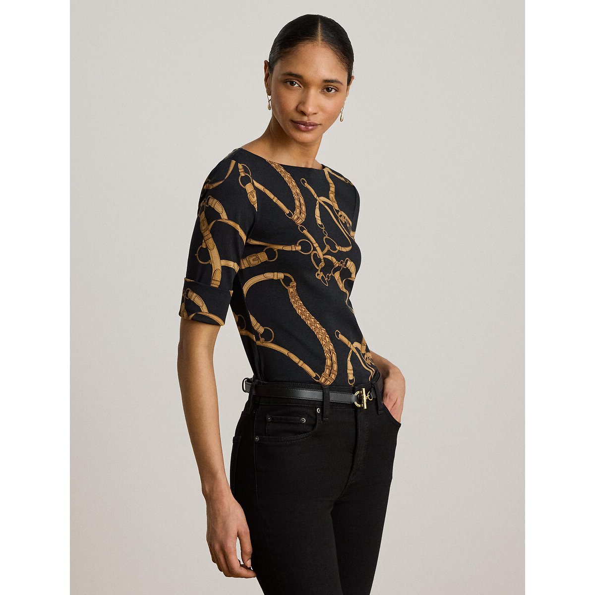 T-shirt manches courtes col bateau imprimé brides noir/marron, LAUREN RALPH LAUREN