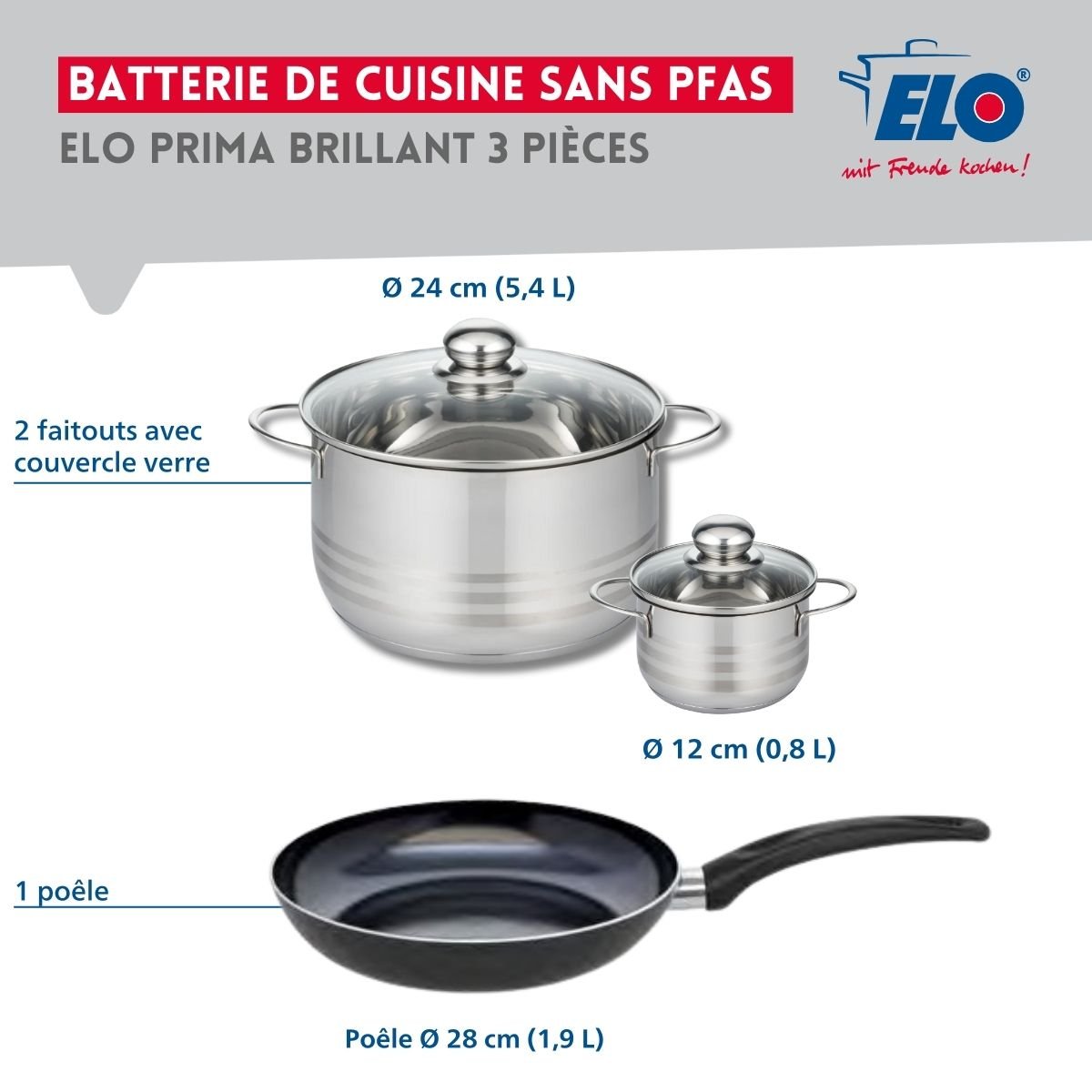 Batterie 1 poêle 28cm + 2 faitouts 12/24cm PRIMA BRILLANT noir, ELO