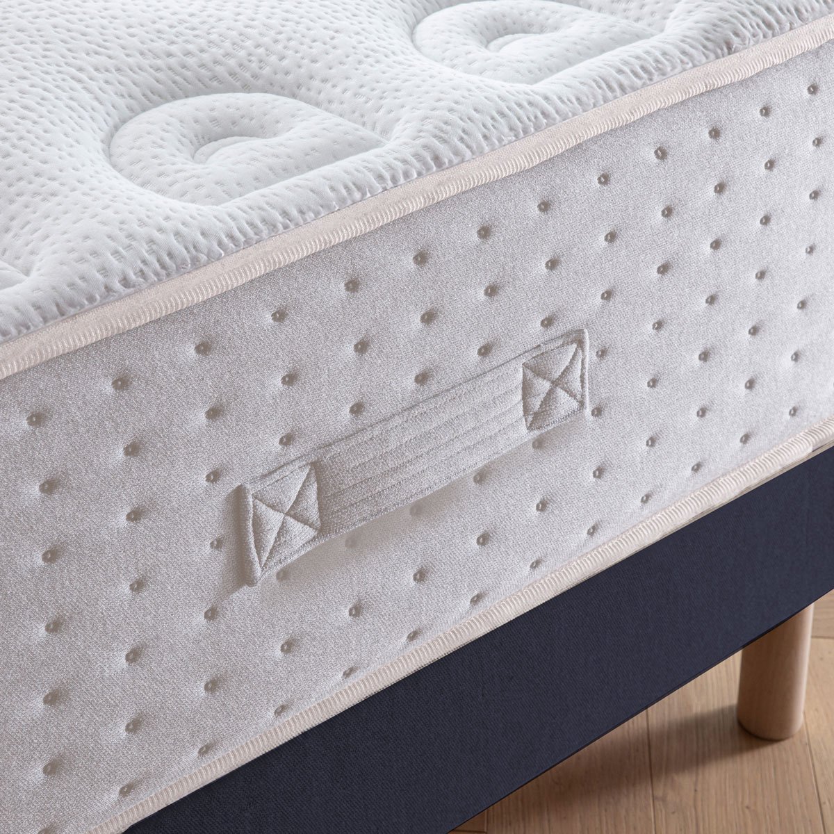 Ensemble - Matelas mi-ferme + sommier + Tête de lit Blanc/Bleu LE VERITABLE blanc, bleu foncé, DODO
