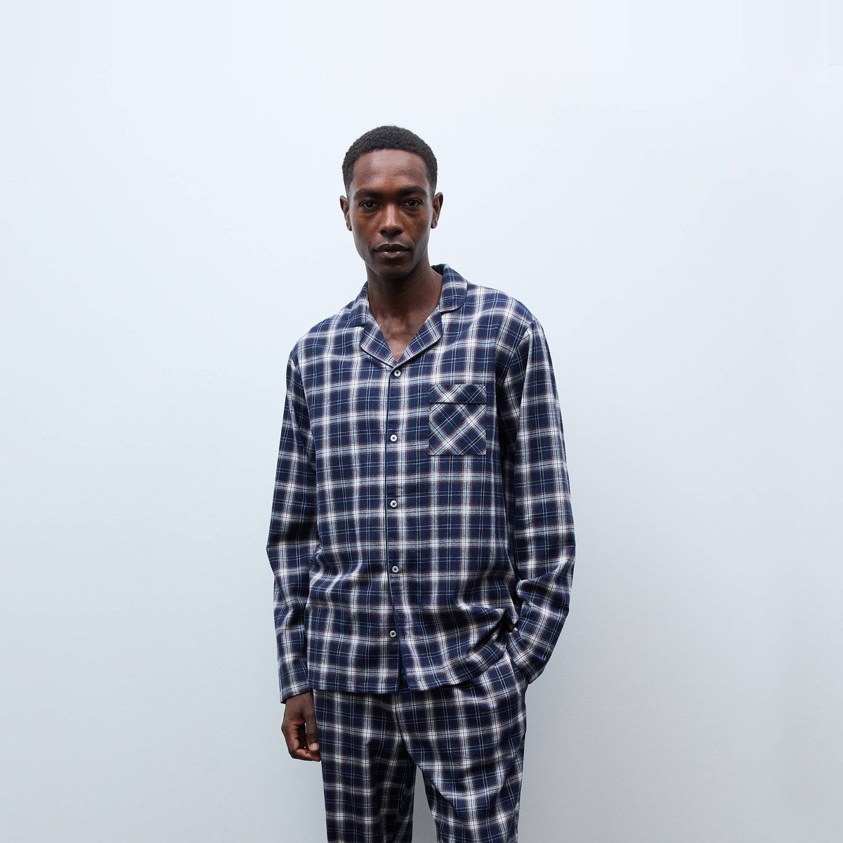 Pyjama manches longues et pantalon en flanelle de coton BIO GOTS marine, MONOPRIX