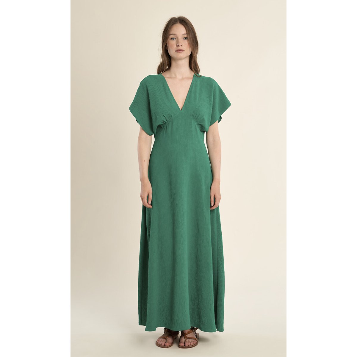 Robe longue manches courtes col V vert, MOLLY BRACKEN