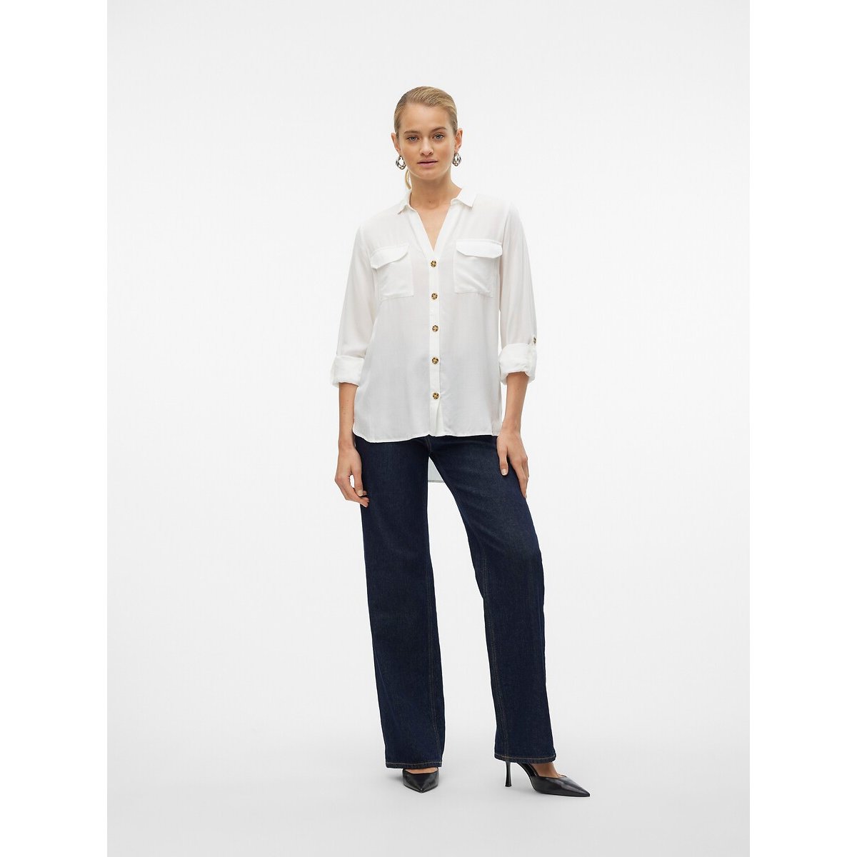 Blouse met lange mouwen en knoopsluiting wit, VERO MODA