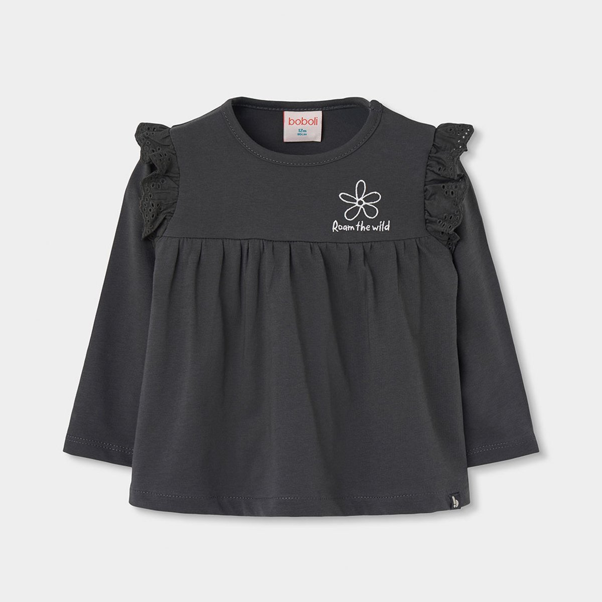 T-shirt fille en maille avec broderie fleur gris, BOBOLI