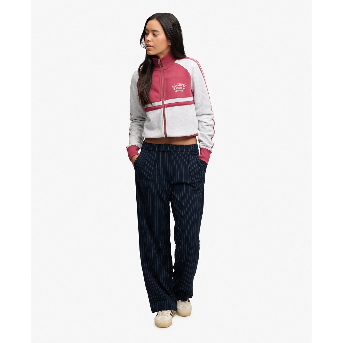 Pantalon Pinstripe Taille Haute Coupe Classique rayures tennis bleu marine, SUPERDRY